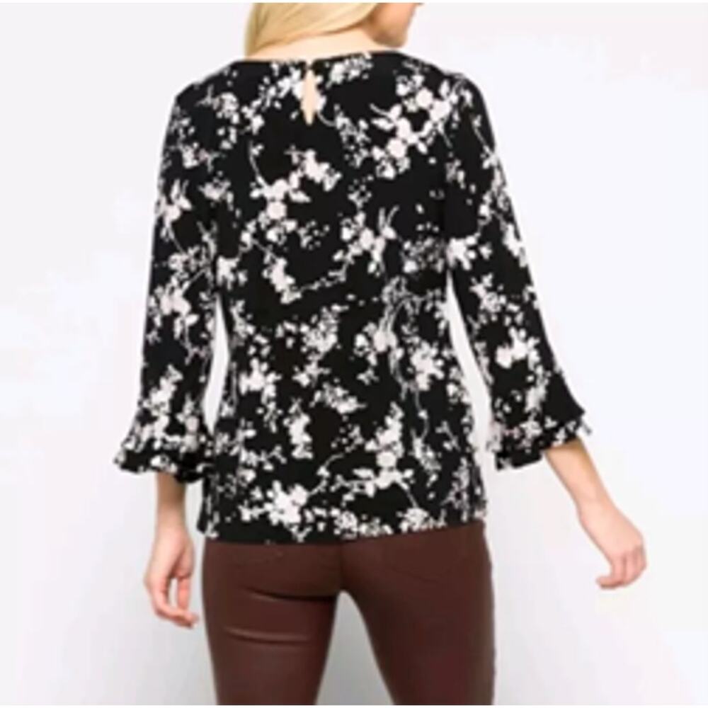 Karl Lagerfeld Yessie Floral Blouse Top Trumpet Flutter Sleeve Black 1X Fairy - Picture 2 of 13
